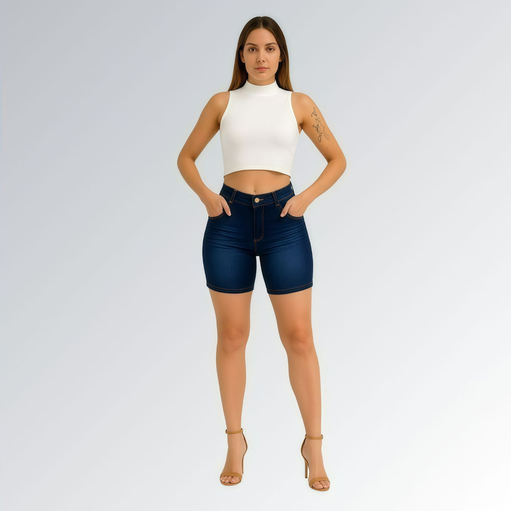 Bermuda Feminina Com Bolsos Lavagem Azul Escuro Jz new moda