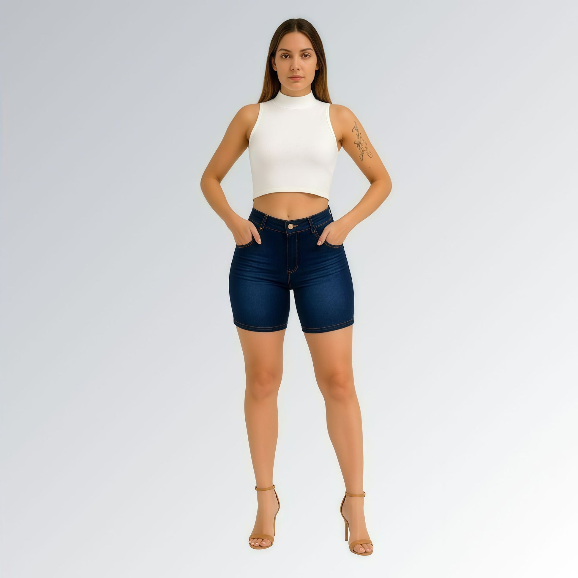 Bermuda Feminina Com Bolsos Lavagem Azul Escuro Jz new moda