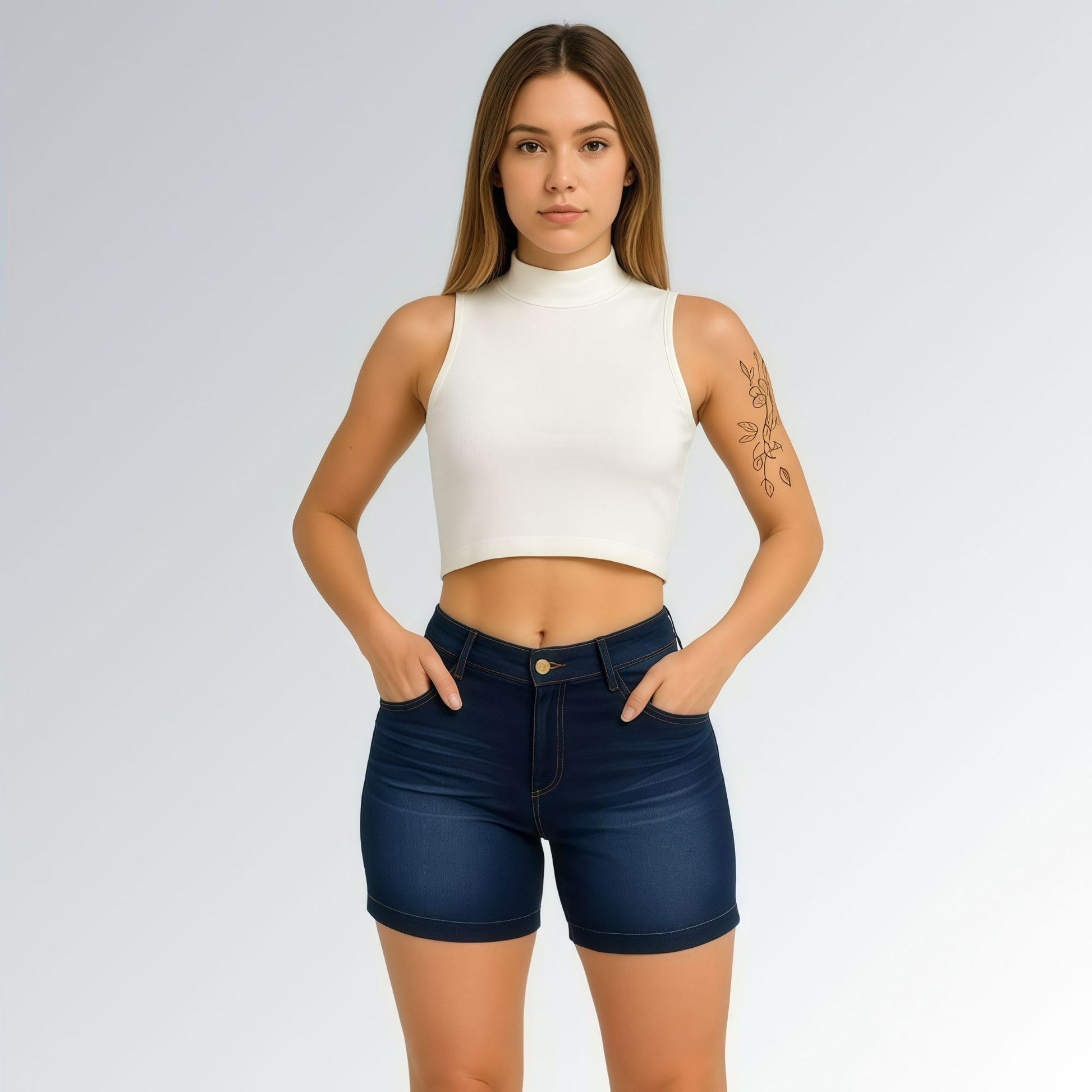 Bermuda Feminina Com Bolsos Lavagem Azul Escuro Jz new moda