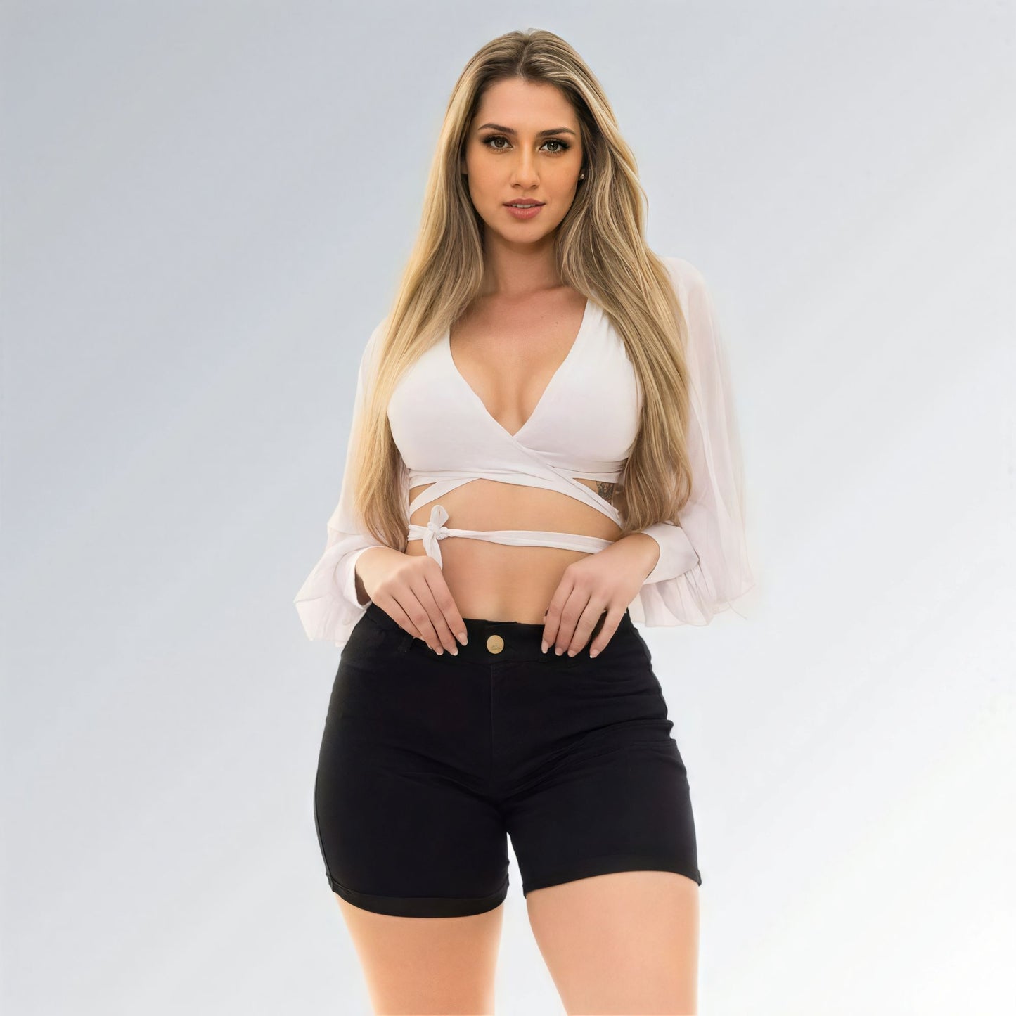 Bermuda Shorts Black Barra Dobrada Cintura Alta Feminino Jz new moda