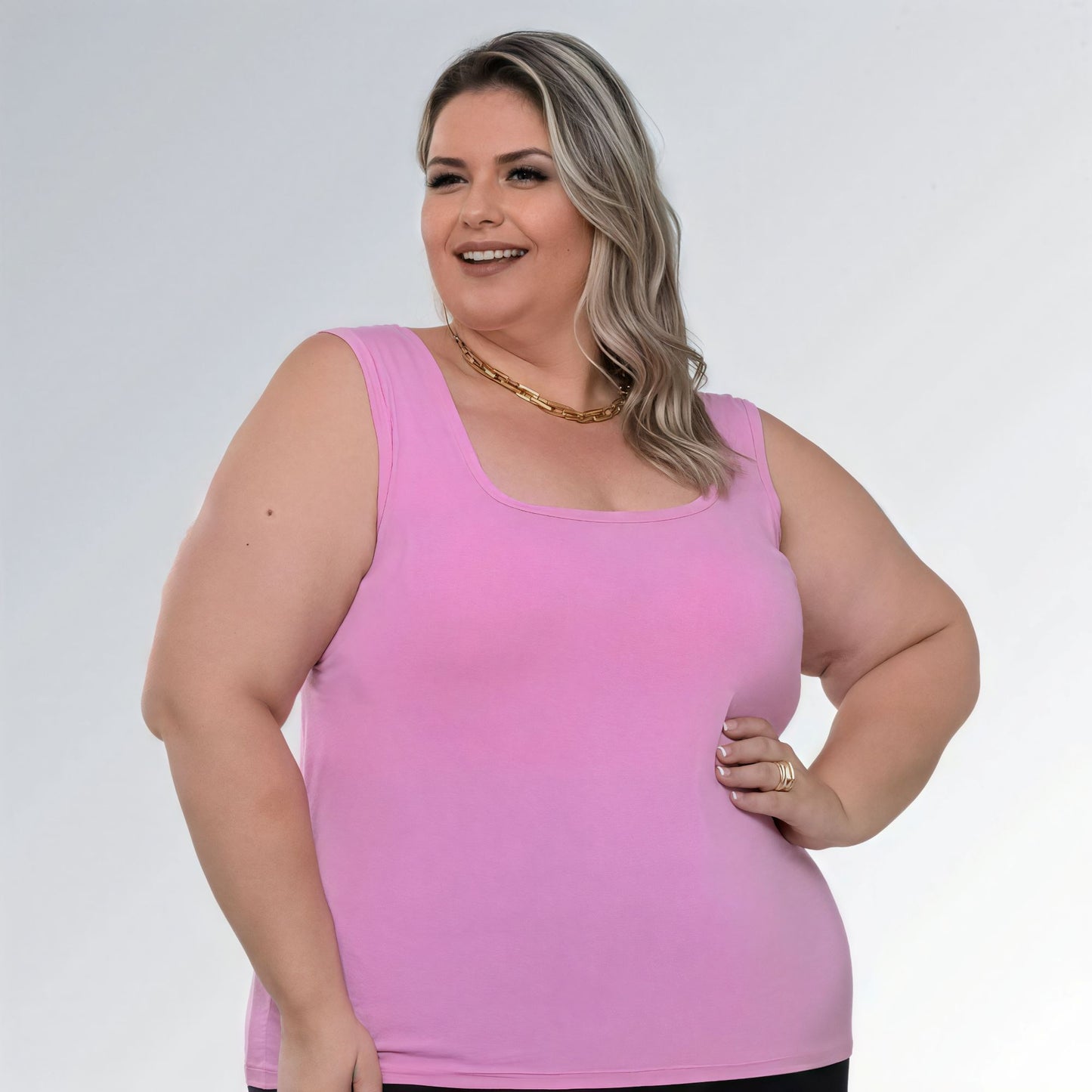 Blusa Regata Decote Quadrado Rosa Plus Size Alça Larga Feminina Jz new moda