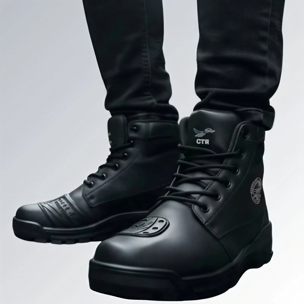 Bota masculina preta de couro com biqueira de proteção, design robusto, cadarço e detalhes em relevo.