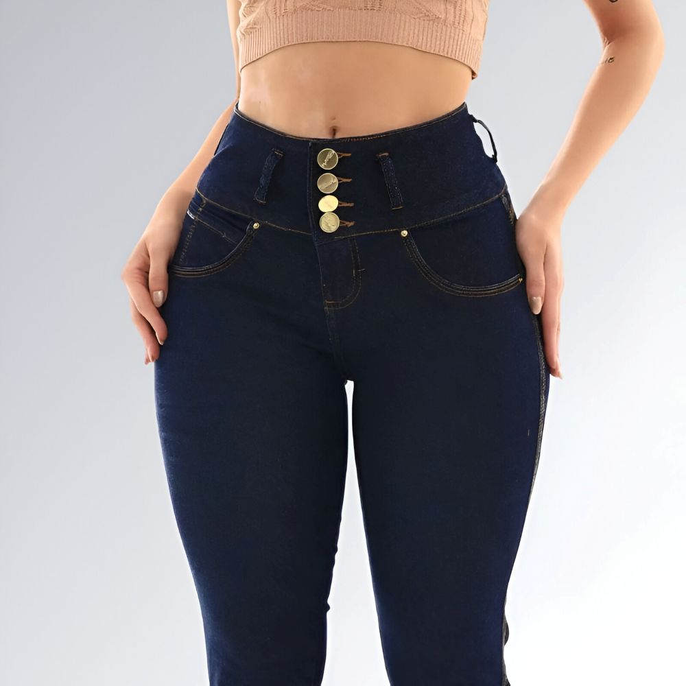 Calça 4 Botões Jeans Cós Largo sem Bolso Feminina Jz New Moda