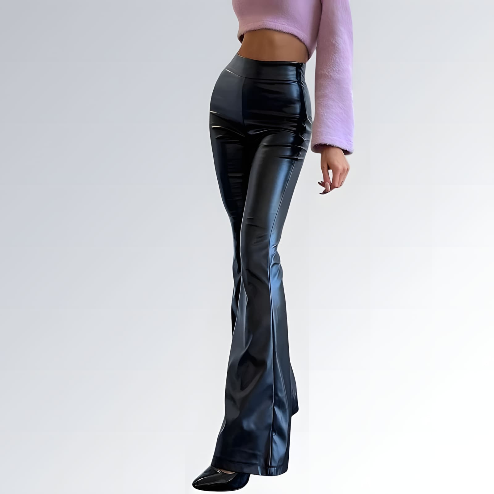 Calça Couro Sintético Boca de Sino de Cintura Alta Feminina Jz new moda