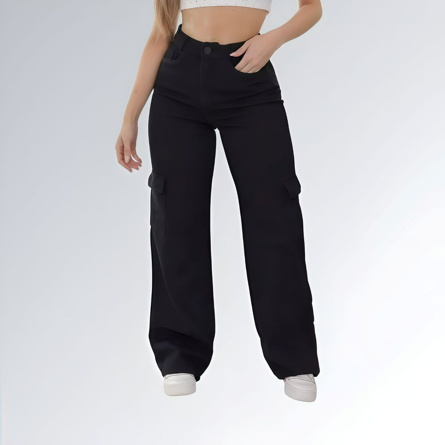 Calça Feminina Sarja Wide Leg Cargo Black Jz New Moda