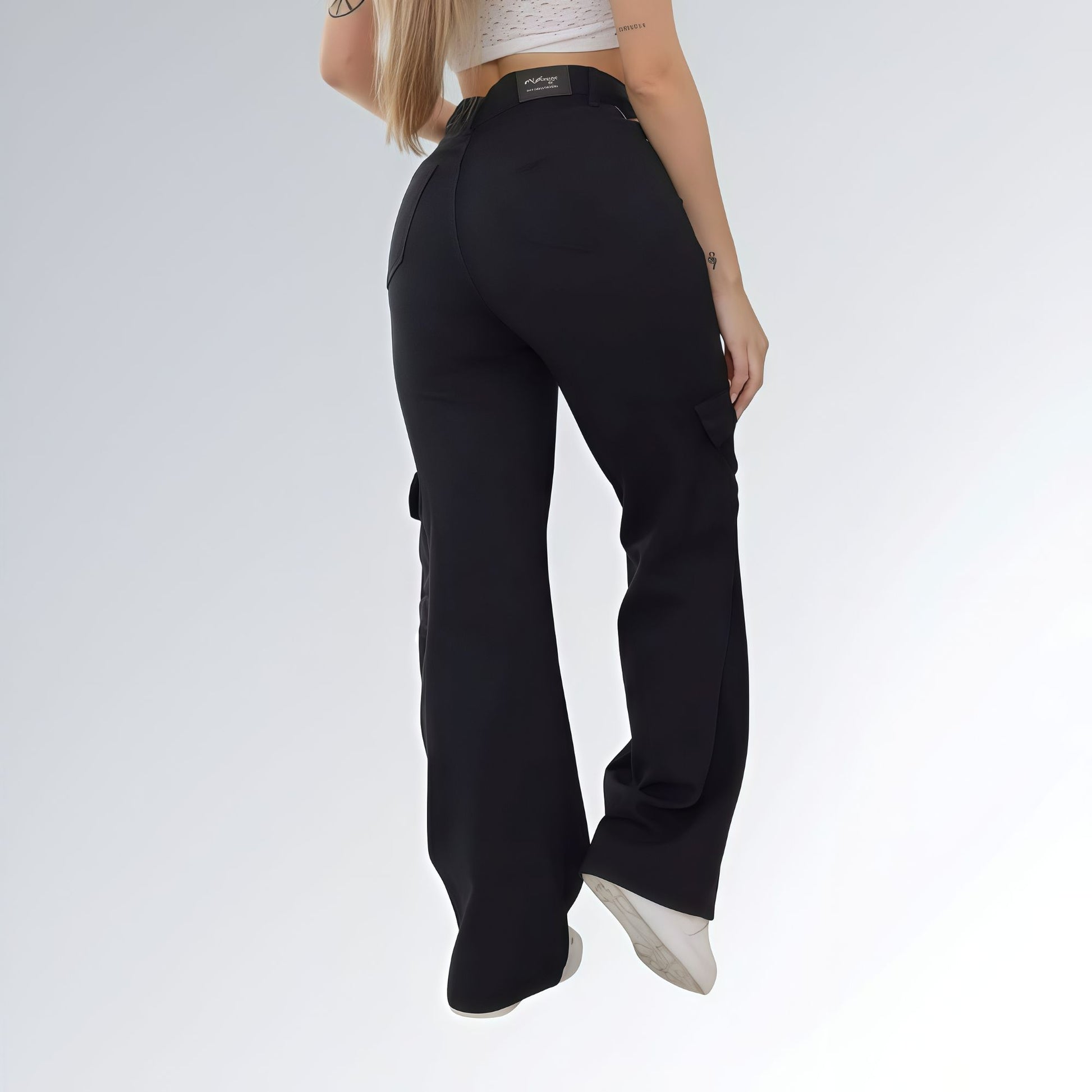 Calça Feminina Sarja Wide Leg Cargo Black Jz New Moda