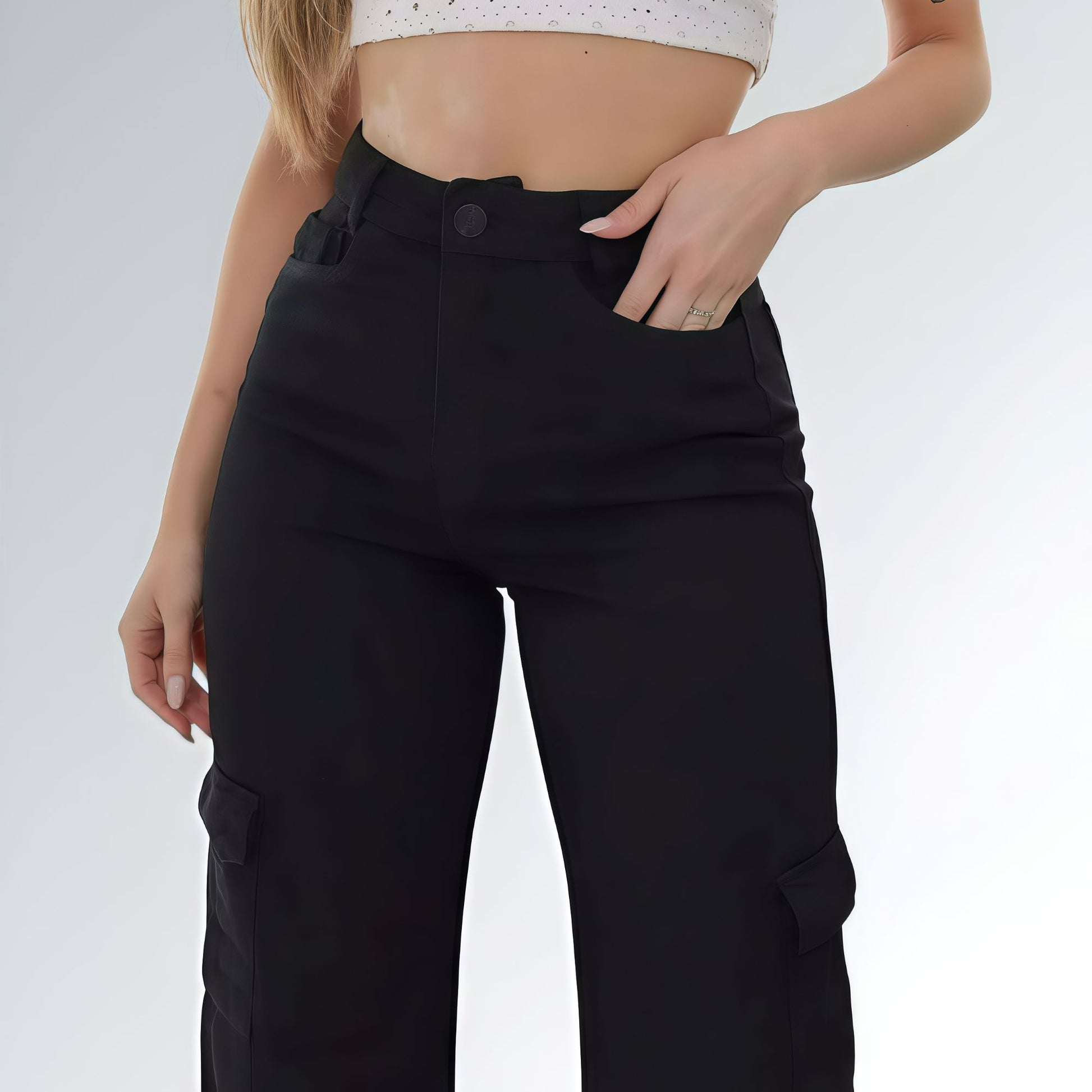 Calça Feminina Sarja Wide Leg Cargo Black Jz New Moda
