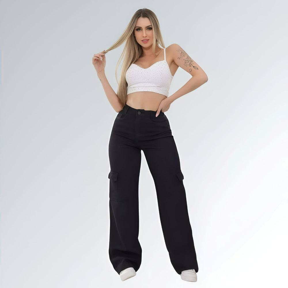 Calça Feminina Sarja Wide Leg Cargo Black Jz New Moda