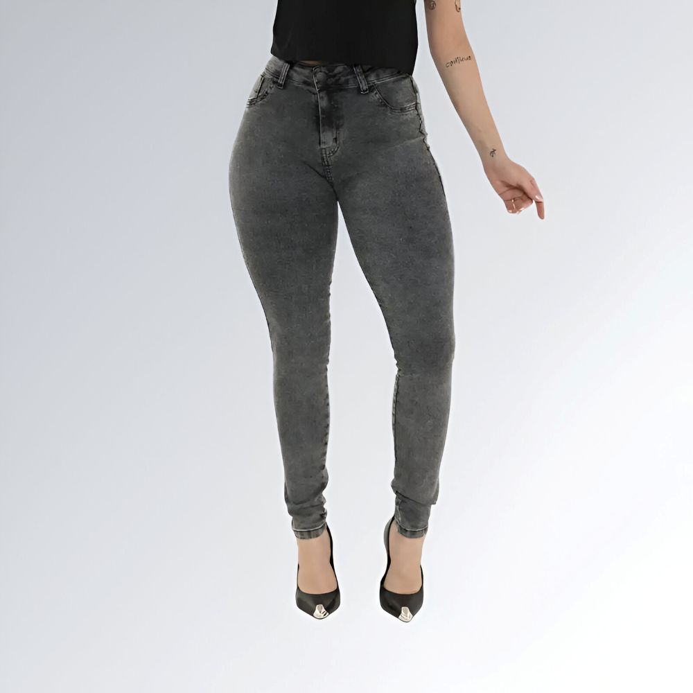 Calça Jeans Feminina Cinza Grafite Manchada Cintura Média Jz New Moda