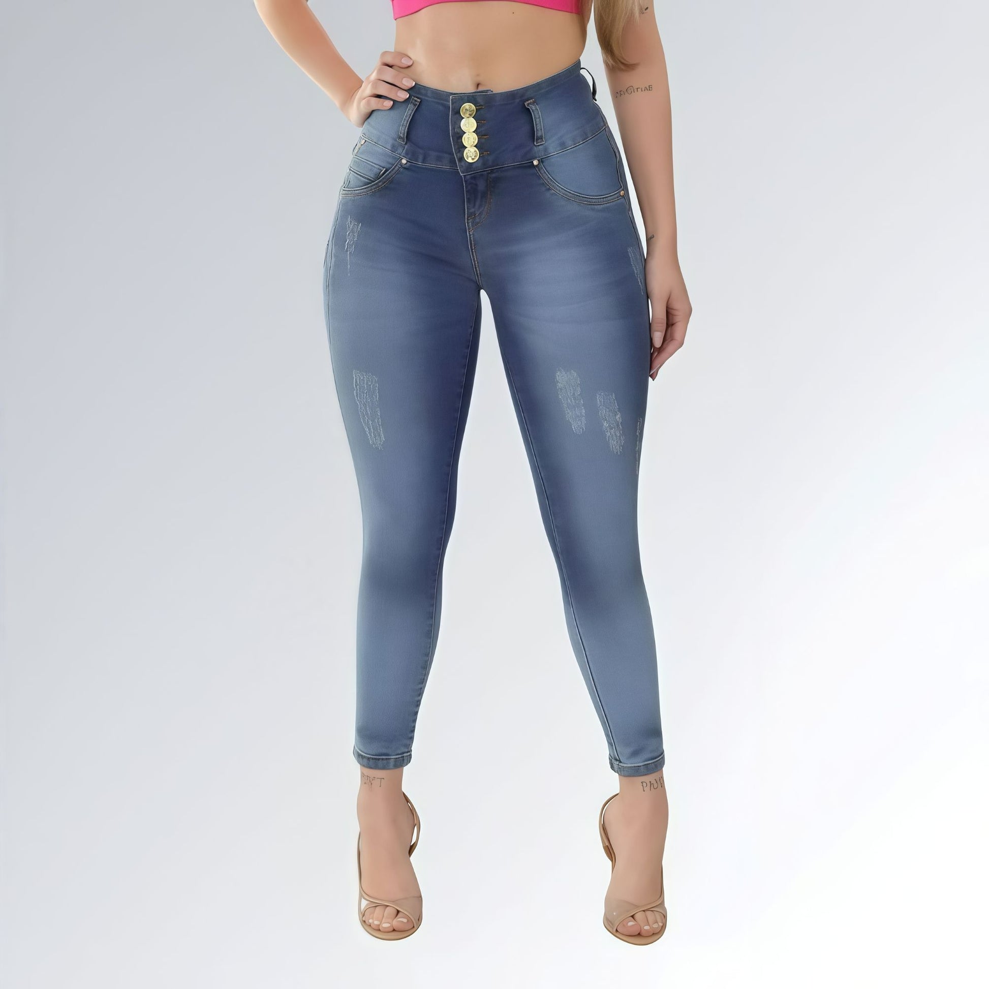 Calça Jeans Feminina Lavagem Azul Cós Largo Quatro Botões Sem Bolso Jz New Moda