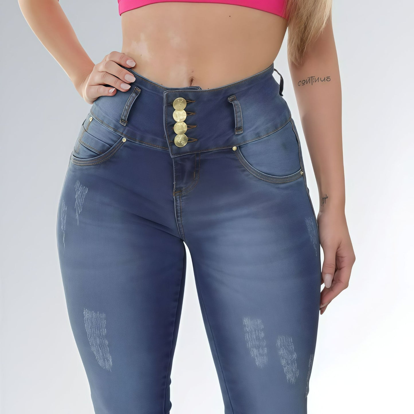 Calça Jeans Feminina Lavagem Azul Cós Largo Quatro Botões Sem Bolso Jz New Moda