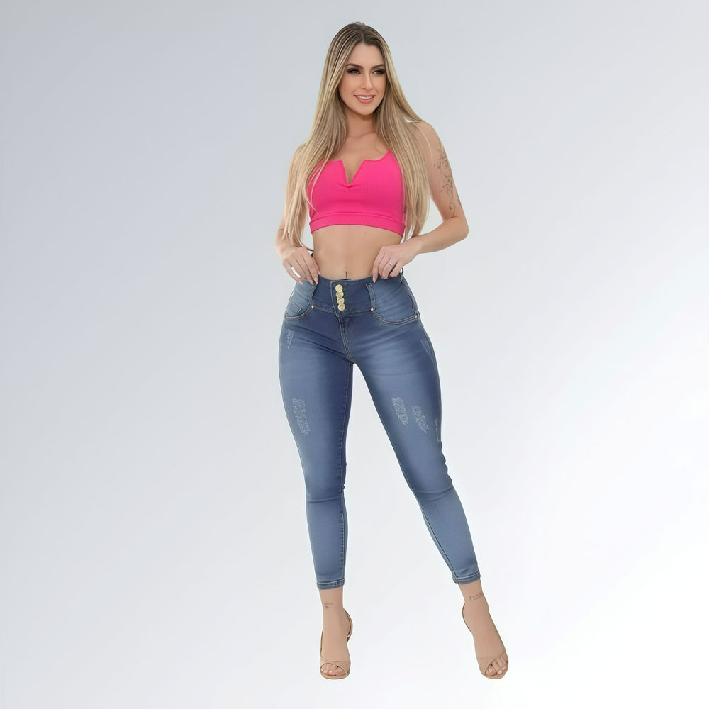 Calça Jeans Feminina Lavagem Azul Cós Largo Quatro Botões Sem Bolso Jz New Moda