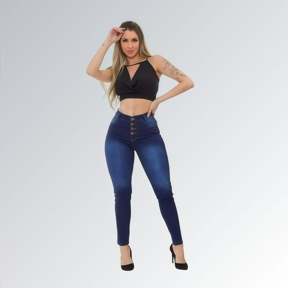 Calça Jeans Feminina Skinny Quatro Botões Simples Azul Escuro Jz new moda hd