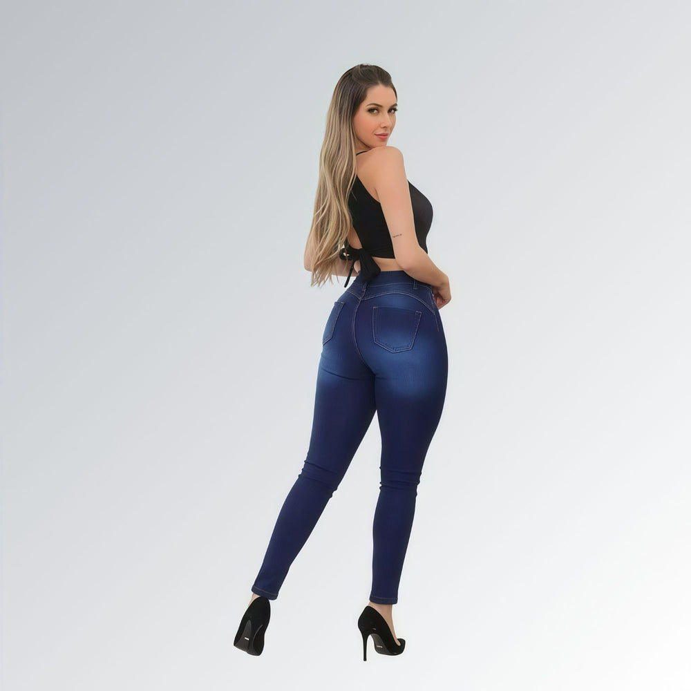 Calça jeans feminina skinny azul escuro com quatro botões frontais, cintura alta e costura contrastante.