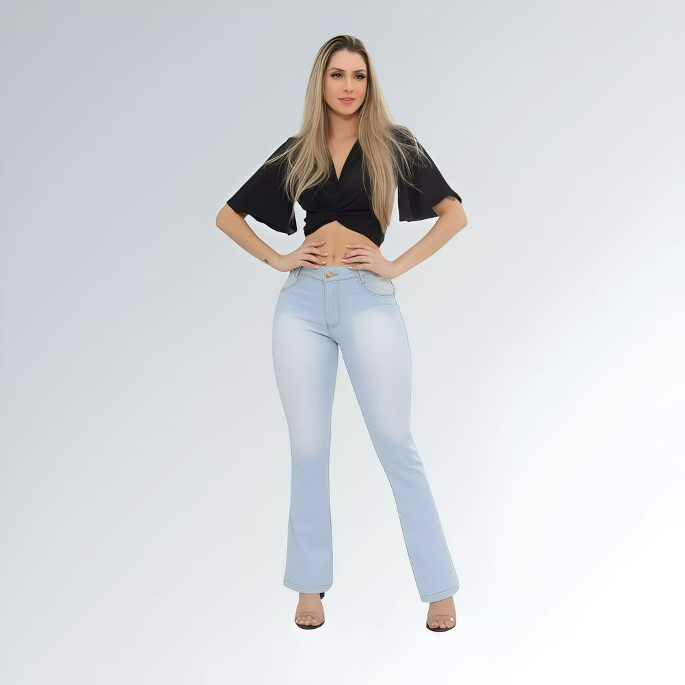 Calça Jeans Flare Azul Clara Feminina Estilosa Jz New Moda