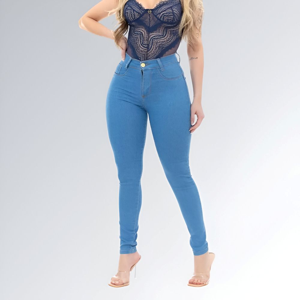 Calça Jeans Skinny Azul Claro Délavé Cintura Alta Feminina Jz New Moda