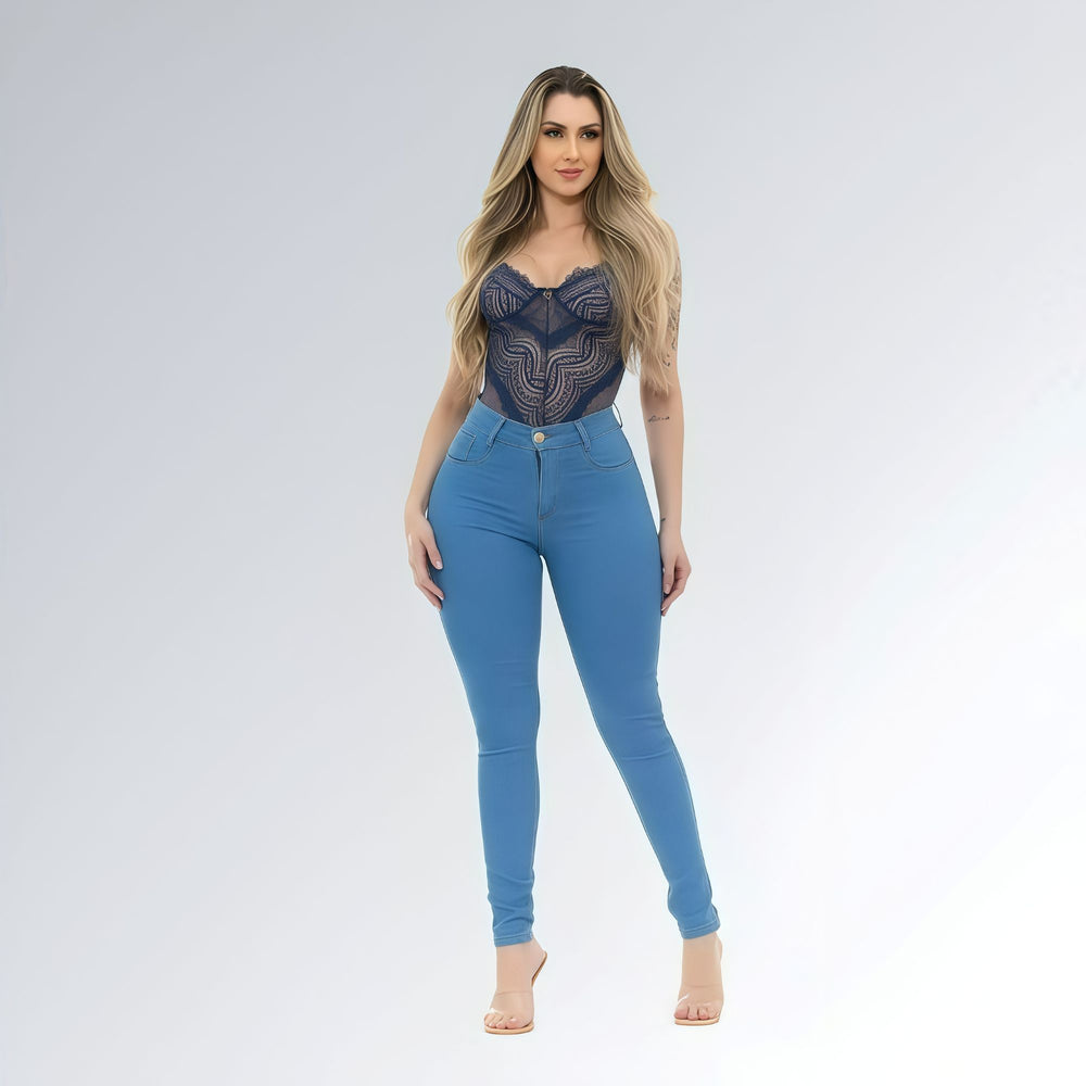 Calça Jeans Skinny Azul Claro Délavé Cintura Alta Feminina Jz New Moda