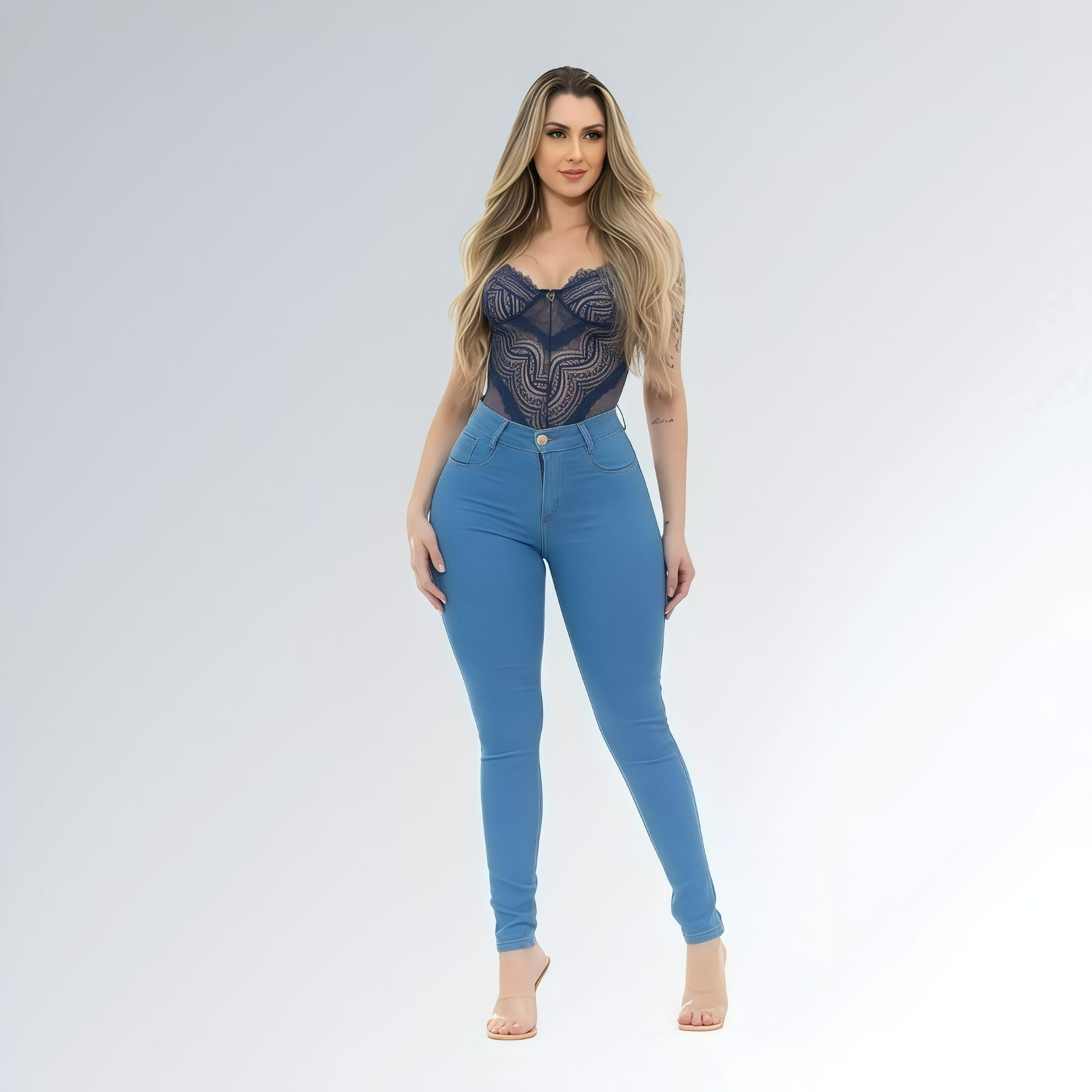 Calça Jeans Skinny Azul Claro Délavé Cintura Alta Feminina Jz New Moda