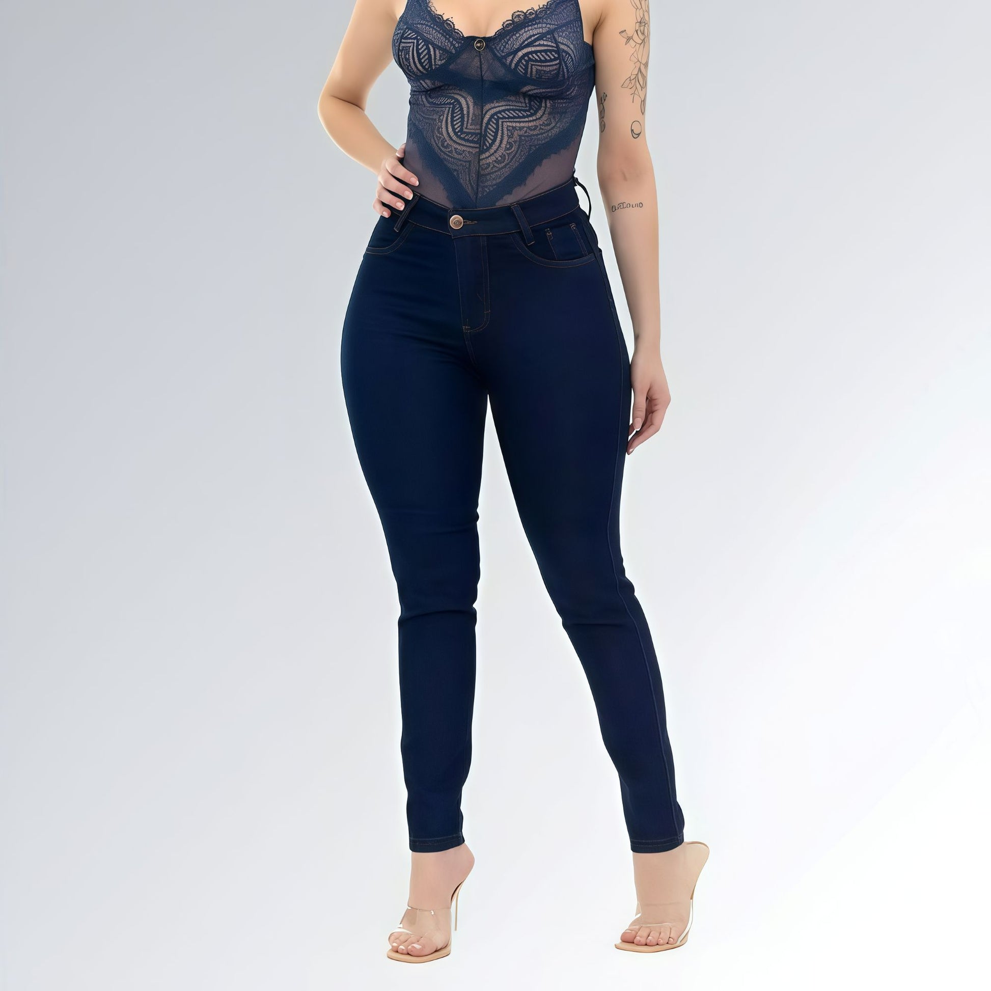 Calça Jeans Skinny Azul Escuro Cintura Alta Básica Feminina Jz New Moda