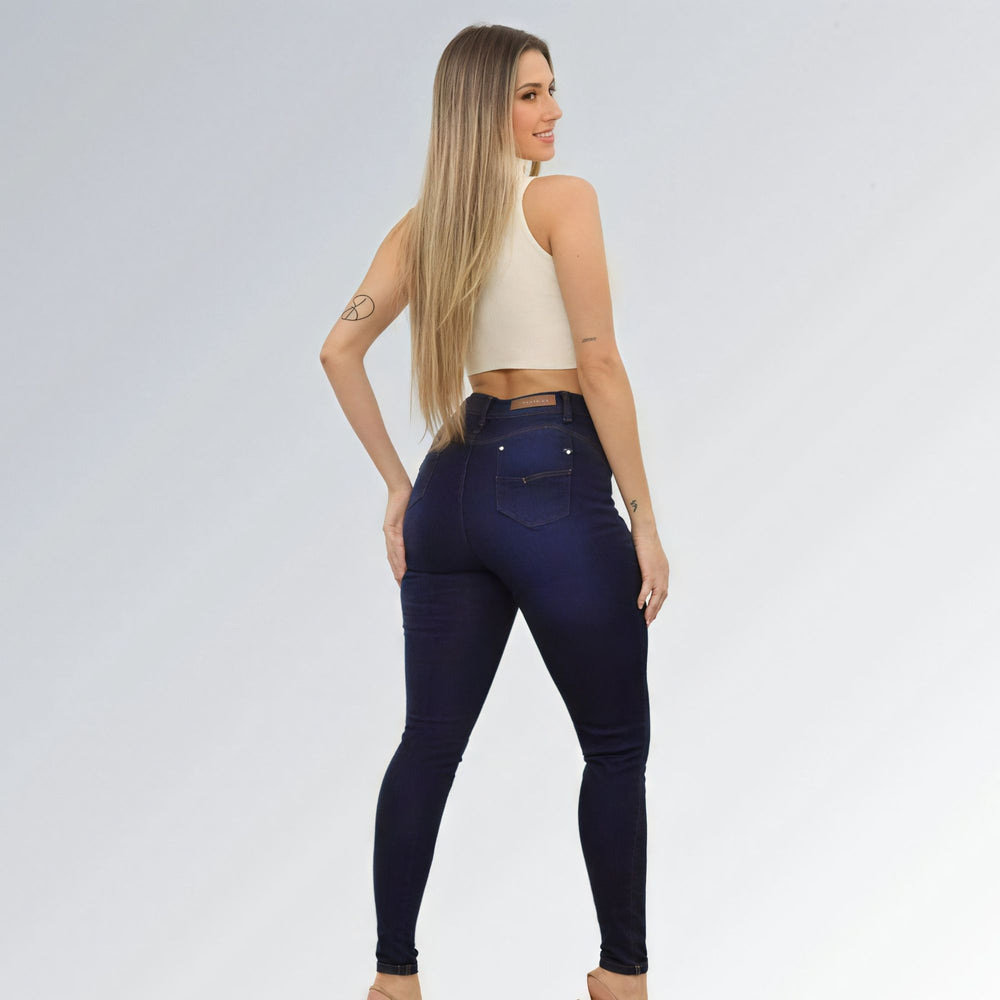 Calça jeans skinny feminina azul escuro, cintura alta com cinta lipo embutida, estilo comfort e tecido premium.