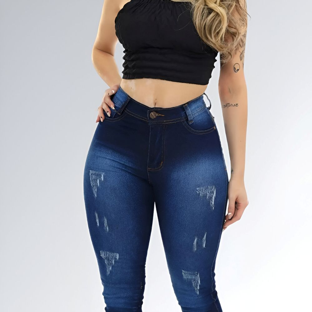 Calça Jeans Skinny com Puídos Cintura Alta Feminina Jz New Moda