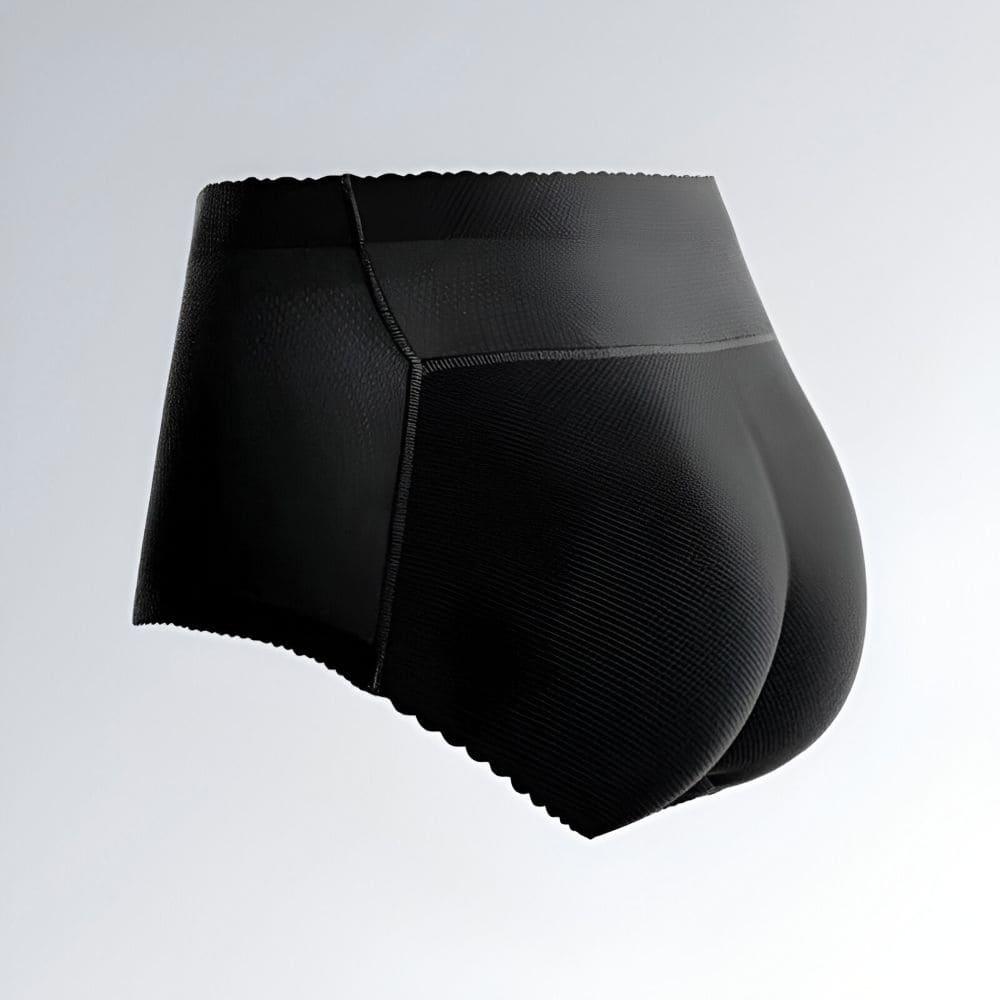 Calcinha modeladora feminina preta com efeito empina bumbum, cintura alta e tecido acolchoado respirável.