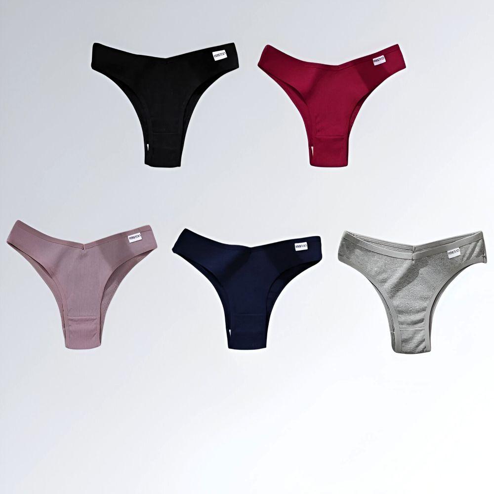 Conjunto com 5 calcinhas femininas estilo fio em algodão macio, disponíveis nas cores preta, vinho, roxa, azul escura e cinza.