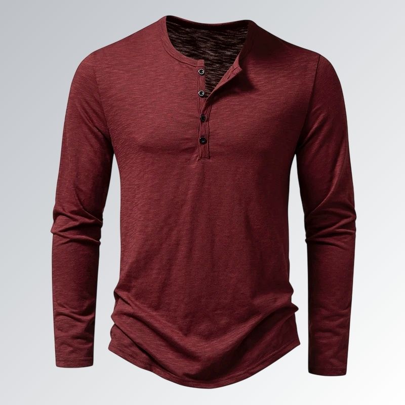 Camiseta Henley masculina vinho de manga longa, gola redonda com botões, estilo casual respirável para uso diário.