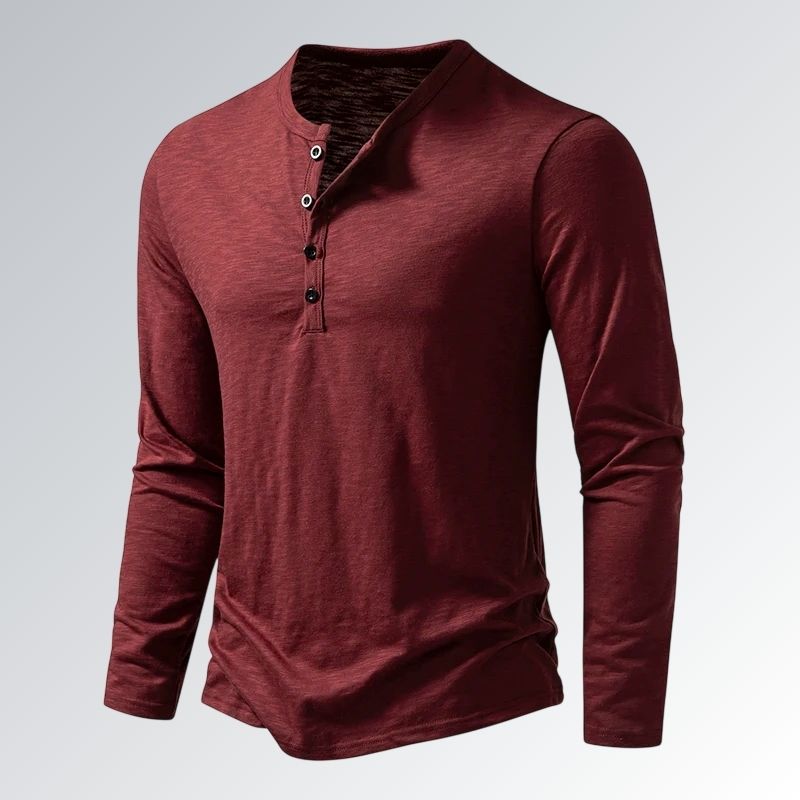 Camiseta Henley masculina vinho de manga longa, gola redonda com botões, estilo casual respirável para uso diário.