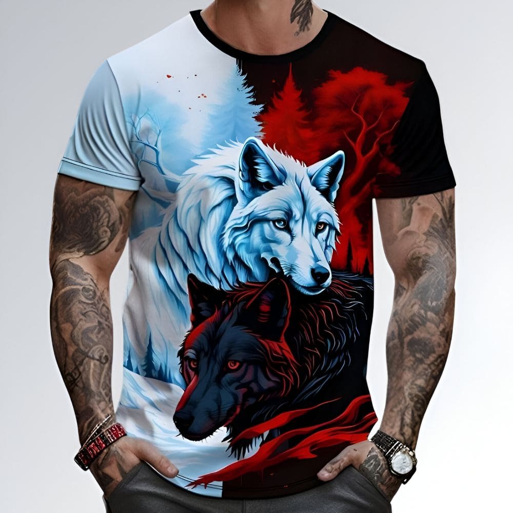 Camiseta masculina com estampa artística de lobo em preto e estilo urbano.