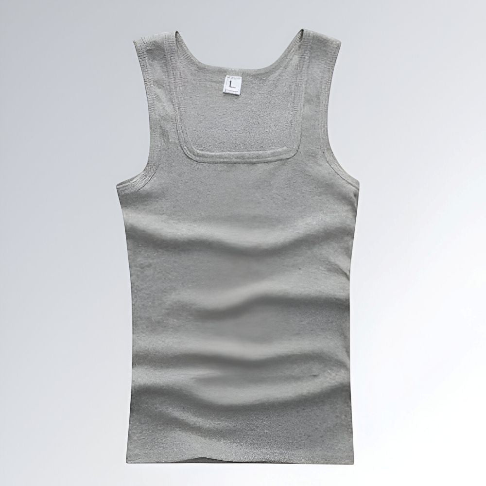 Camiseta regata feminina cinza com gola redonda, modelagem ajustada e tecido confortável.