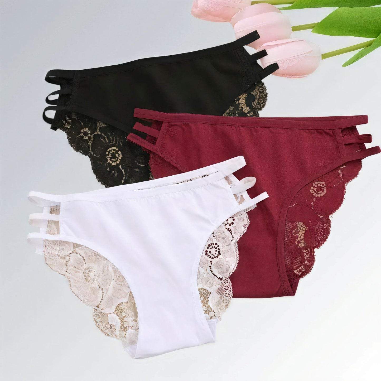 Conjunto de 3 peças de calcinhas femininas de renda floral cintura baixa Jz new moda
