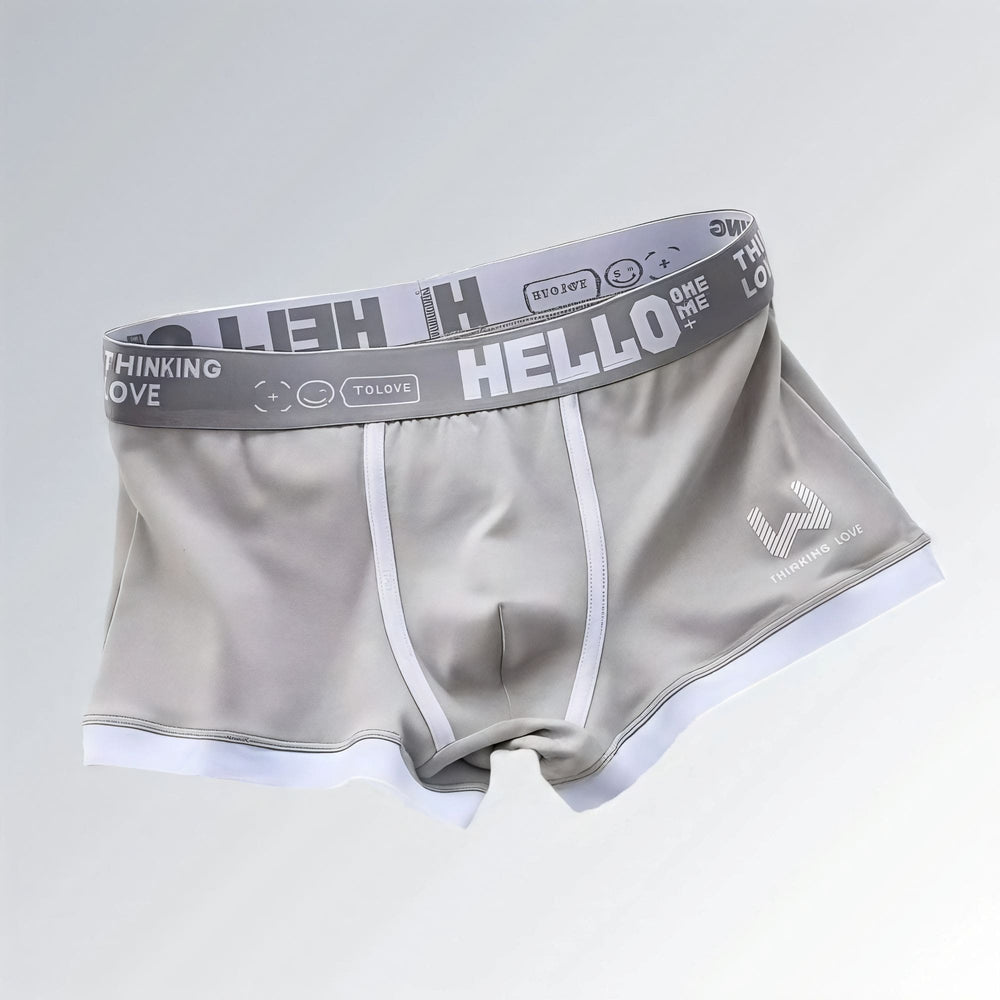 Cueca feminina boxer de algodão cinza com estampa Hello, cintura elástica personalizada e acabamento confortável.