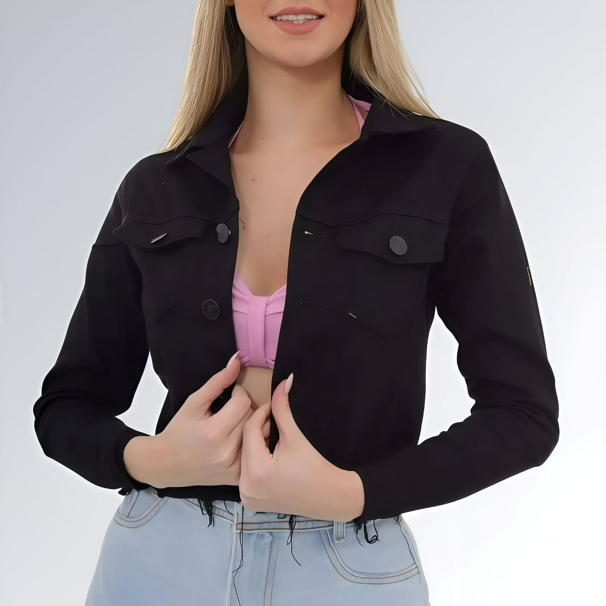 Jaqueta Feminina Cropped Sarja Preto Black Jz New Moda