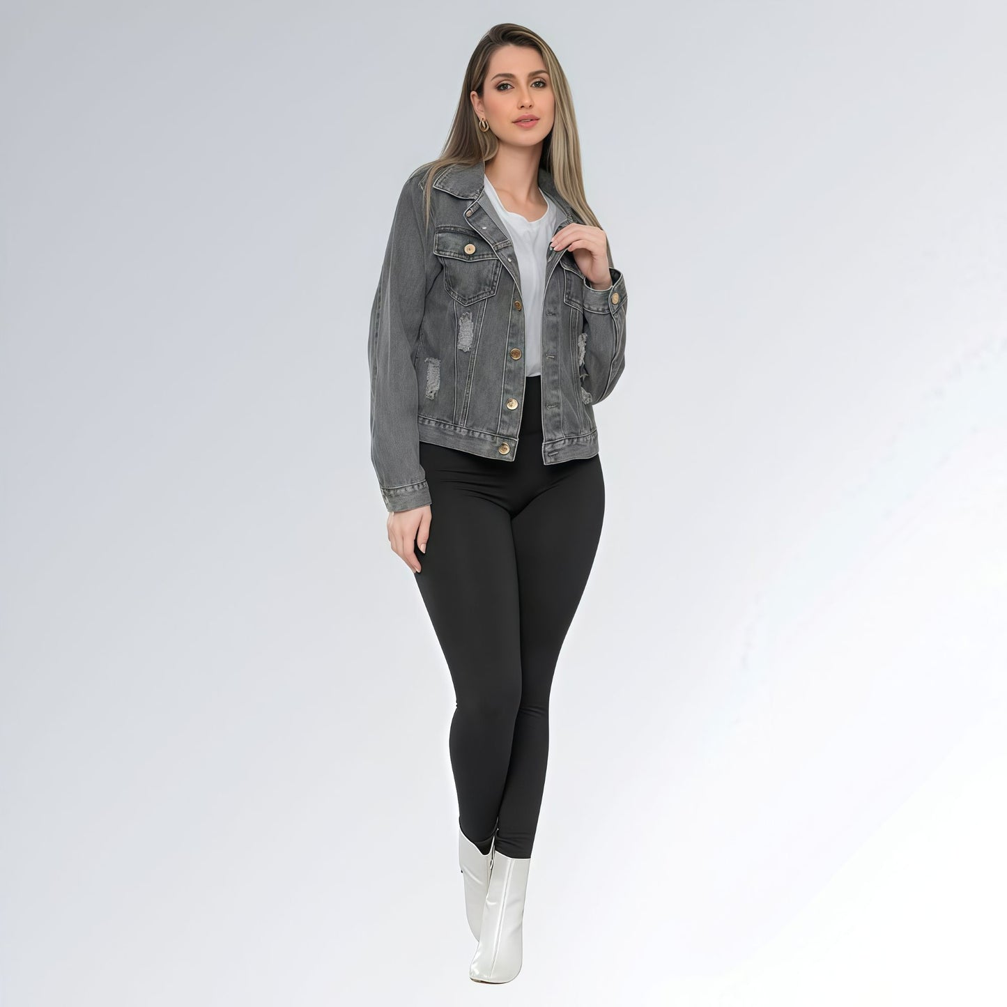 Jaqueta Jeans Cinza Grafite Marmorizada Feminina Jz New Moda