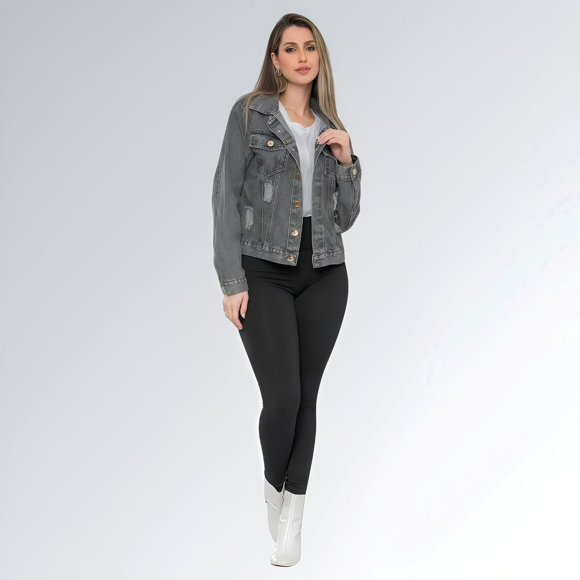 Jaqueta Jeans Cinza Grafite Marmorizada Feminina Jz New Moda