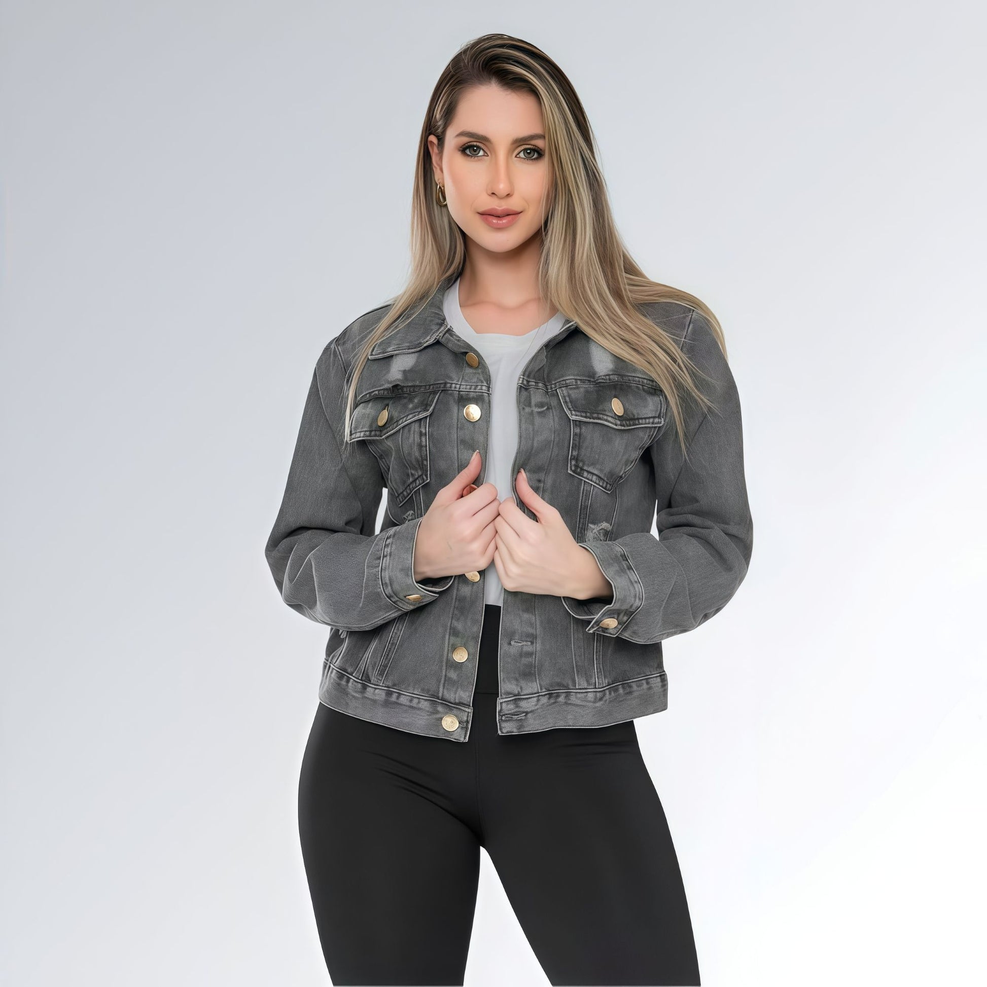 Jaqueta Jeans Cinza Grafite Marmorizada Feminina Jz New Moda