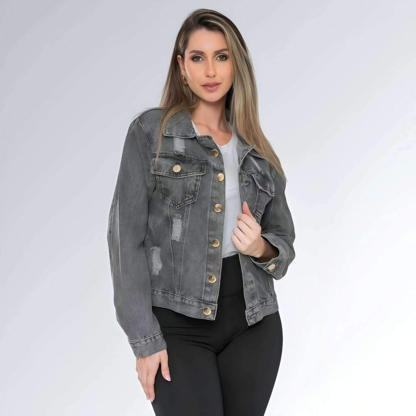 Jaqueta Jeans Cinza Grafite Marmorizada Feminina Jz New Moda