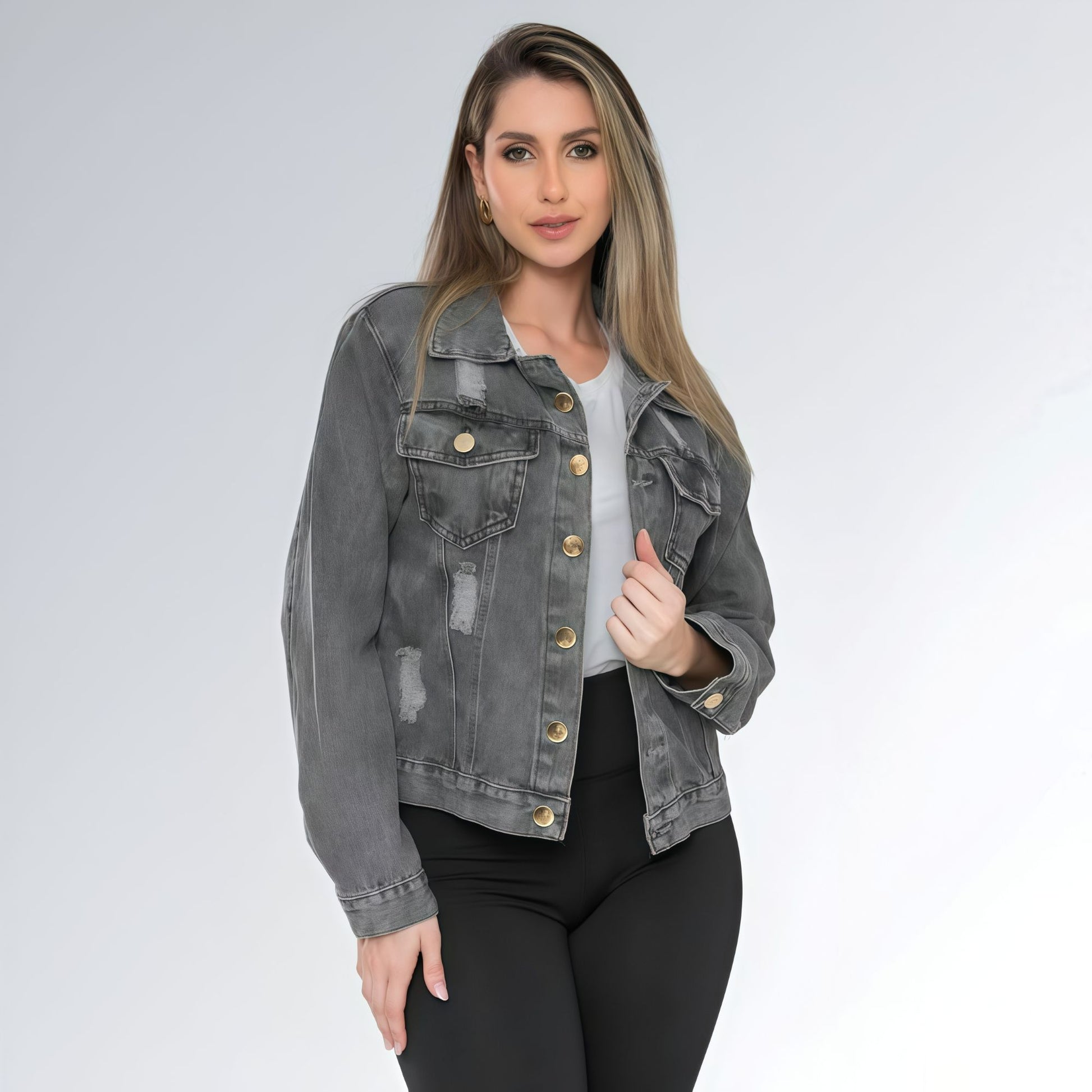 Jaqueta Jeans Cinza Grafite Marmorizada Feminina Jz New Moda