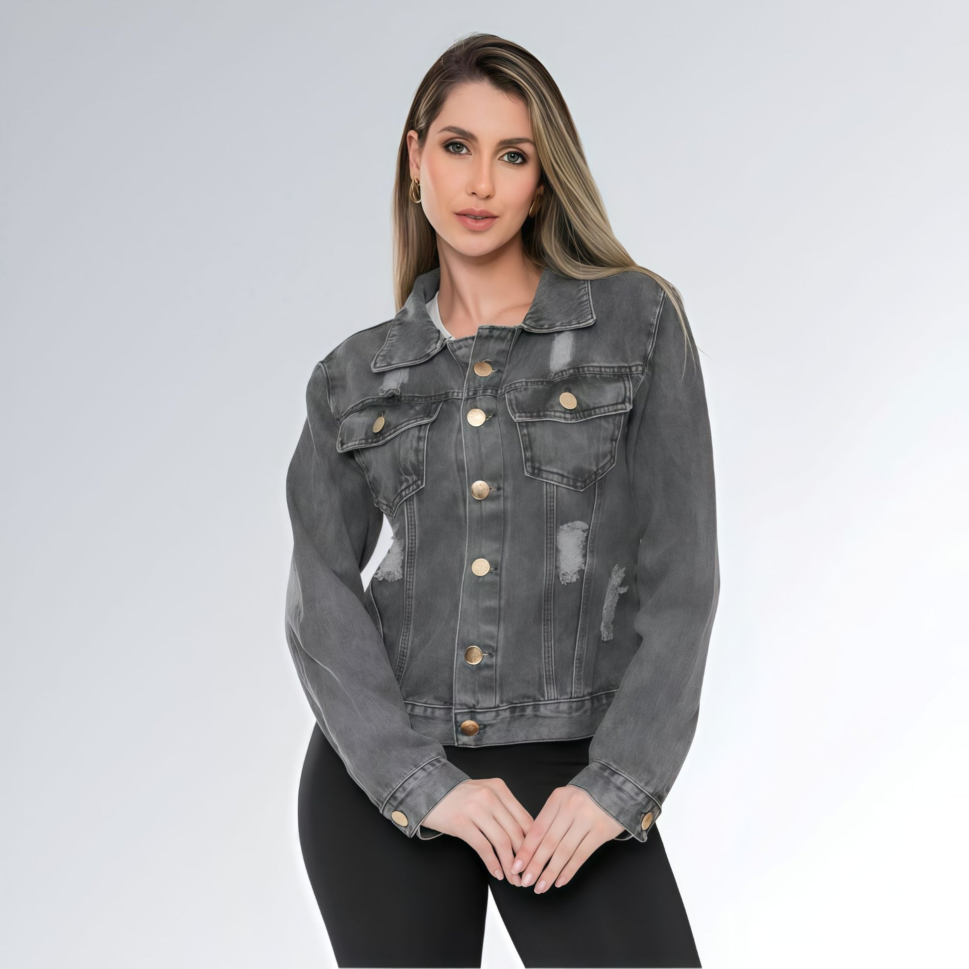 Jaqueta Jeans Cinza Grafite Marmorizada Feminina Jz New Moda