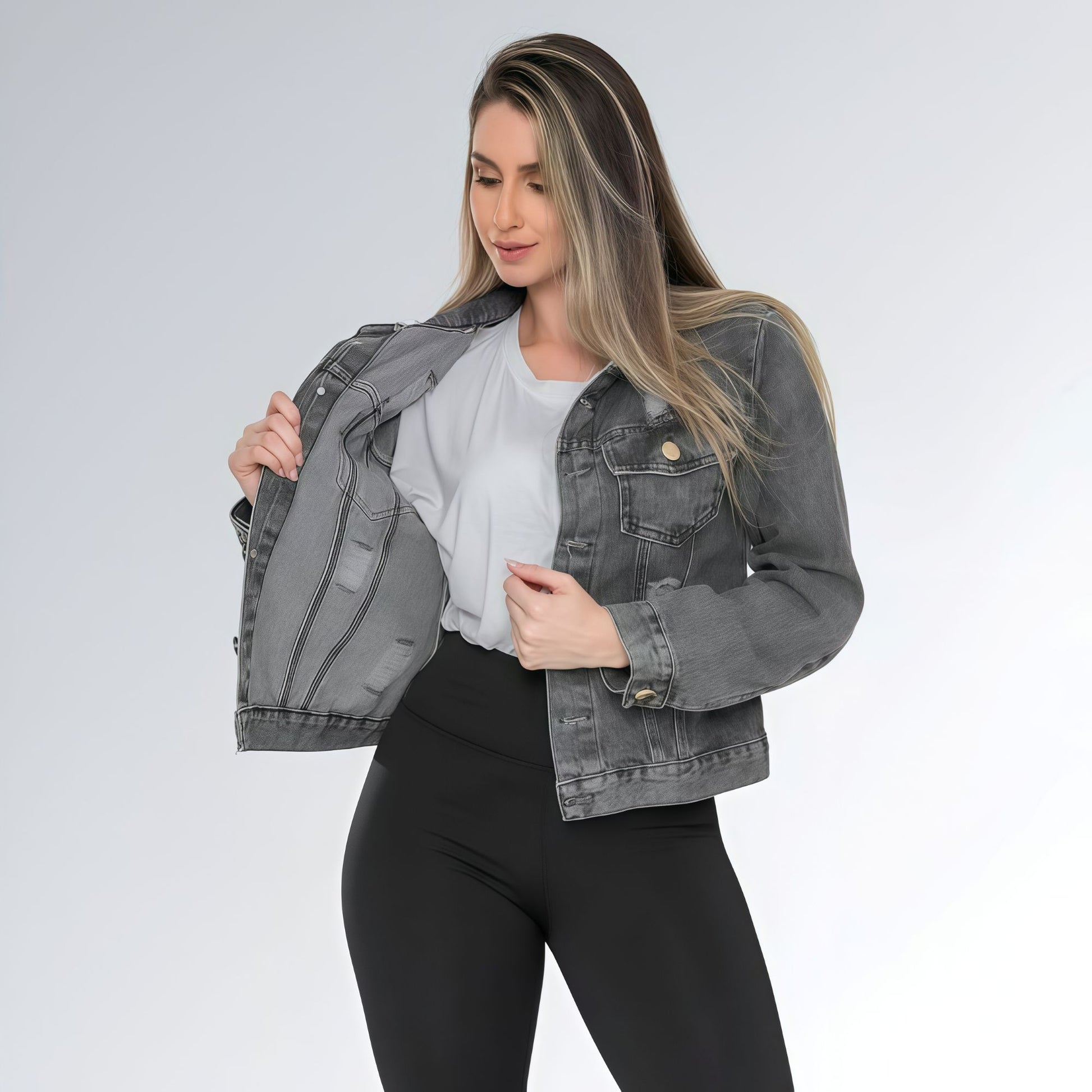 Jaqueta Jeans Cinza Grafite Marmorizada Feminina Jz New Moda