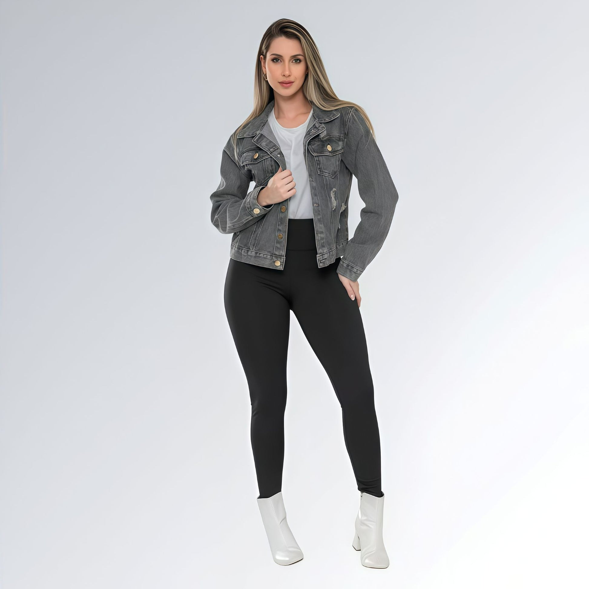 Jaqueta Jeans Cinza Grafite Marmorizada Feminina Jz New Moda