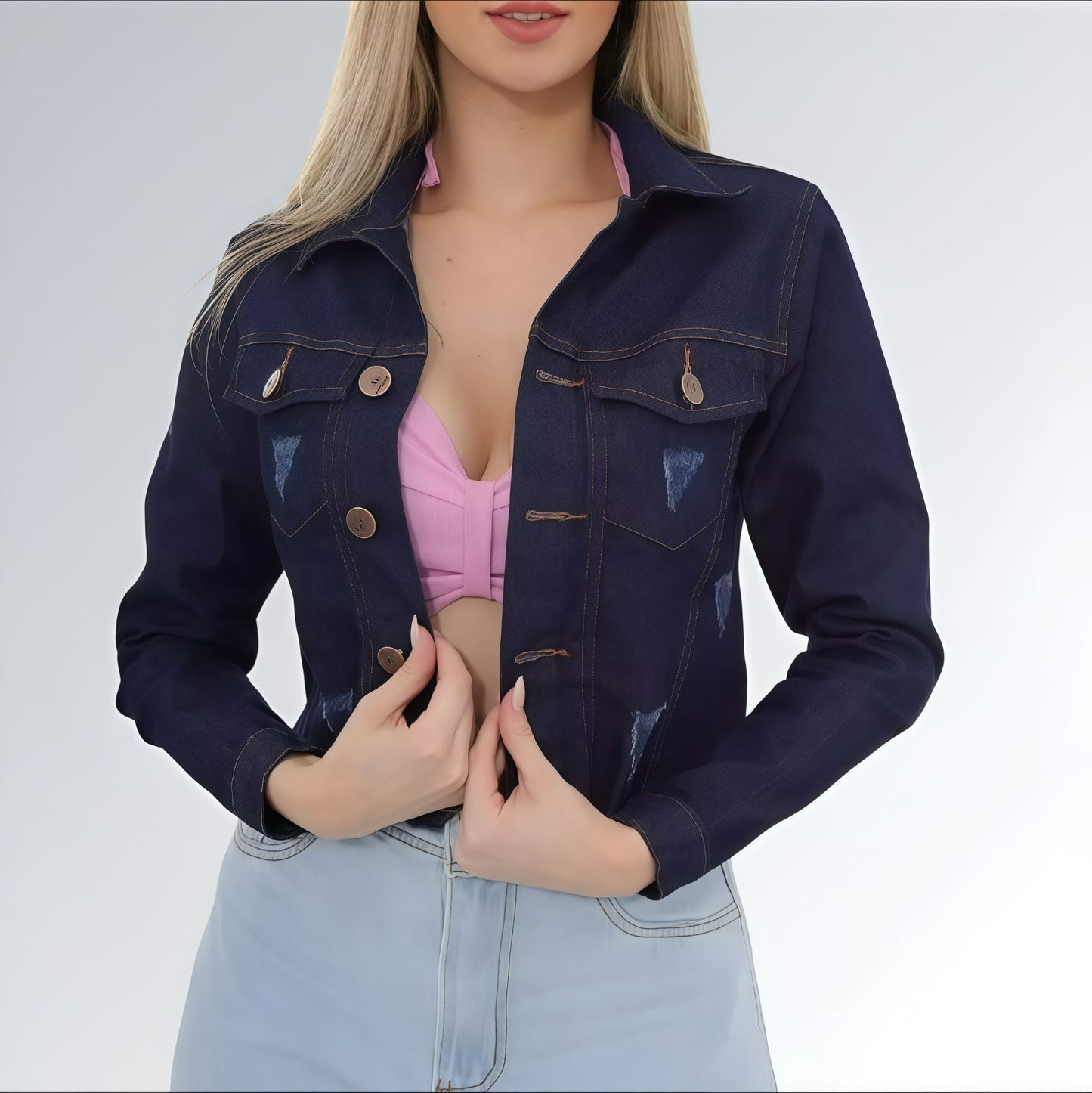 Jaqueta Jeans Cropped Feminina Azul Escuro com Puídos Jz New Moda