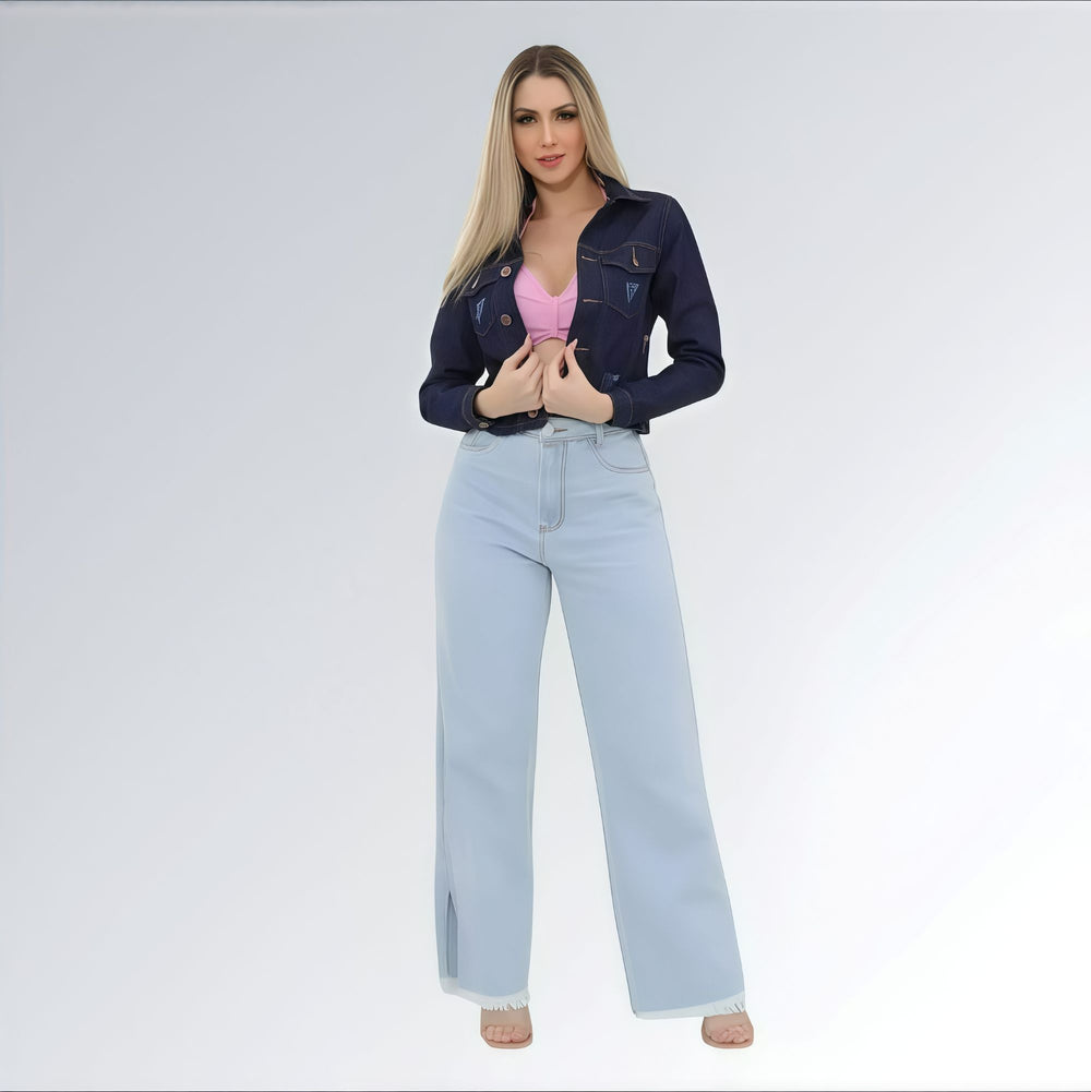 Jaqueta Jeans Cropped Feminina Azul Escuro com Puídos Jz New Moda