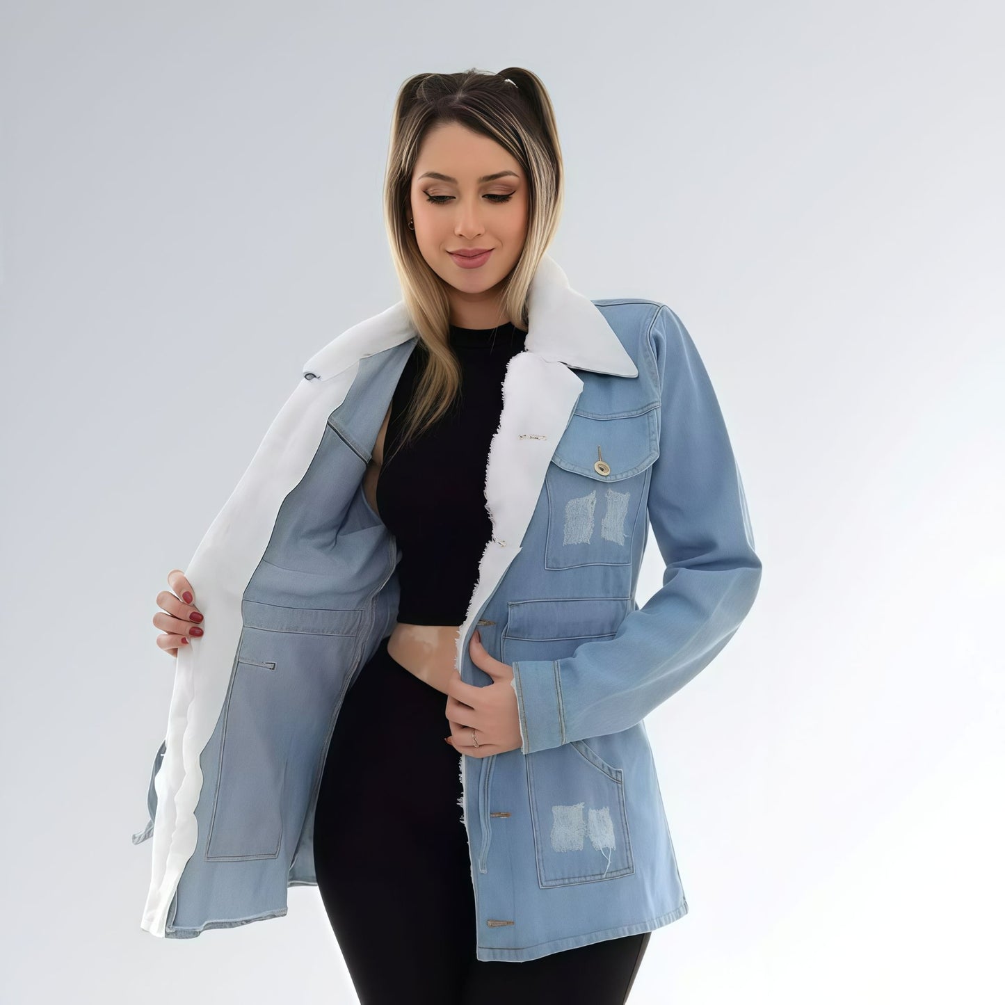 Jaqueta Jeans Parka com Pelúcia Feminina Jz New Moda