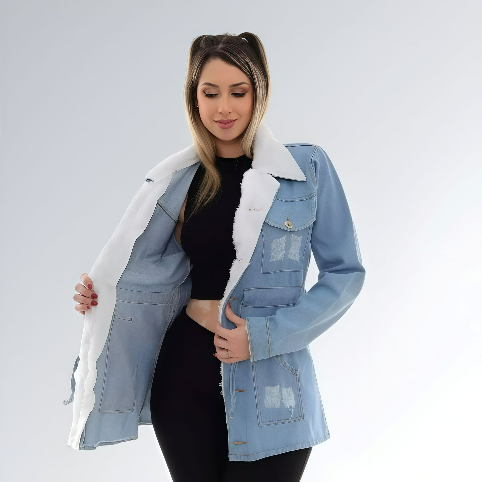Jaqueta Jeans Parka com Pelúcia Feminina Jz New Moda