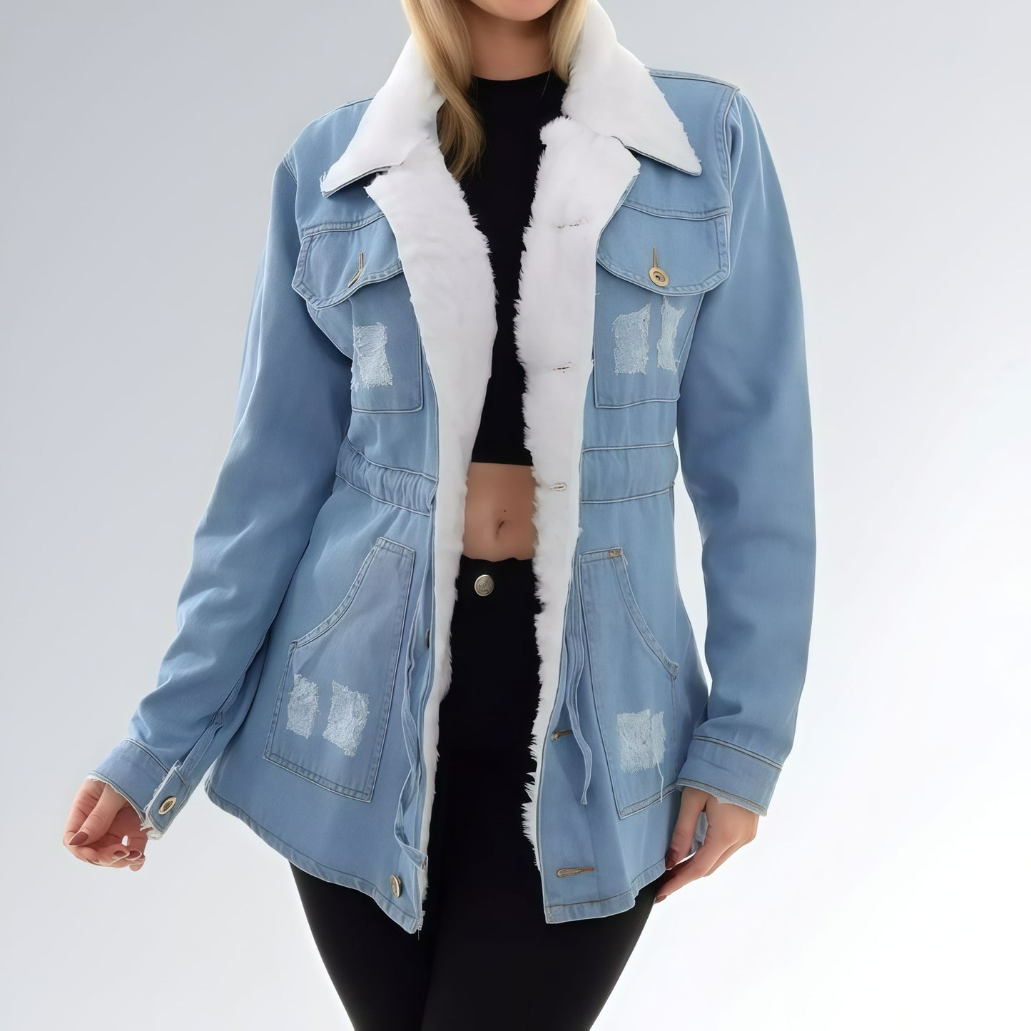 Jaqueta Jeans Parka com Pelúcia Feminina Jz New Moda