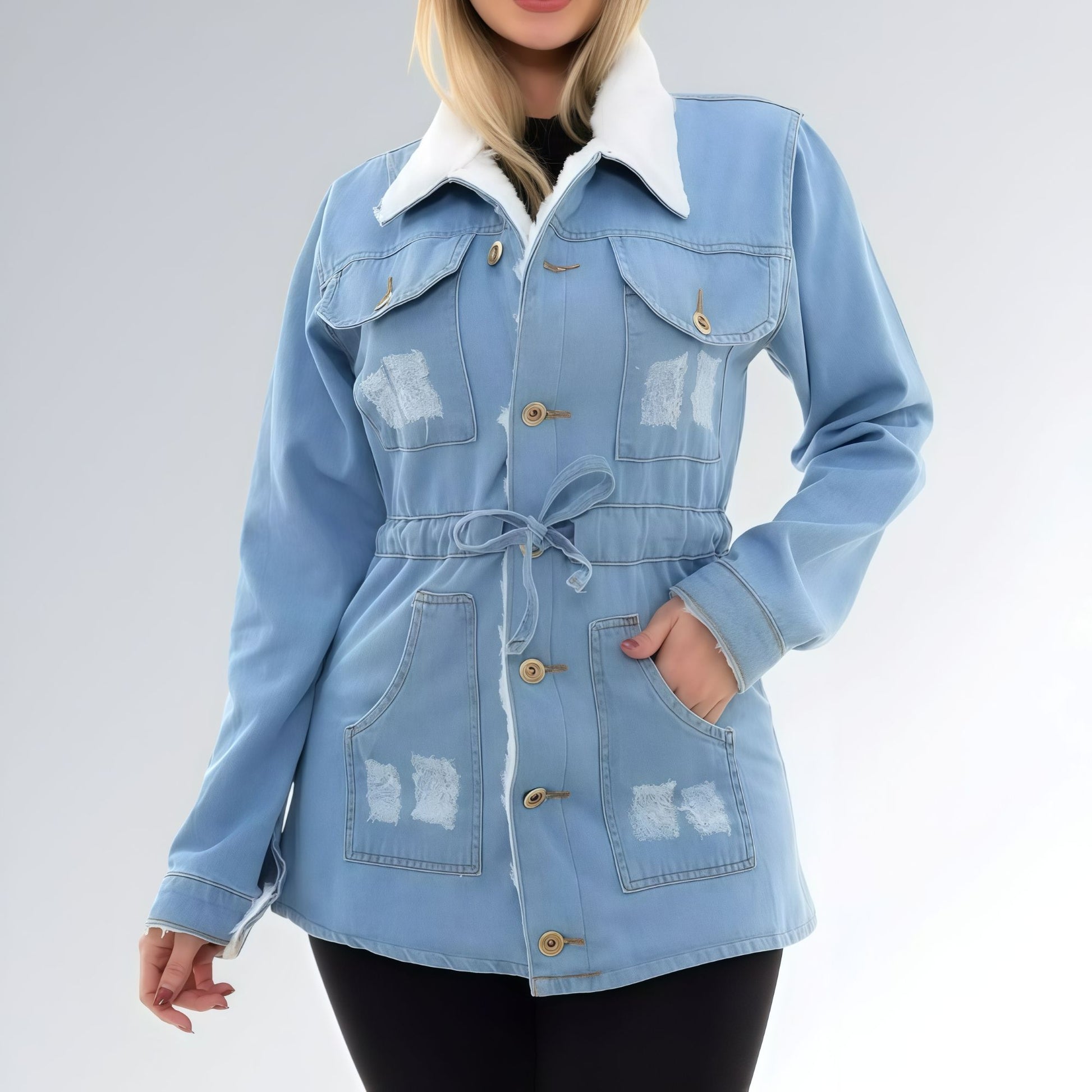 Jaqueta Jeans Parka com Pelúcia Feminina Jz New Moda