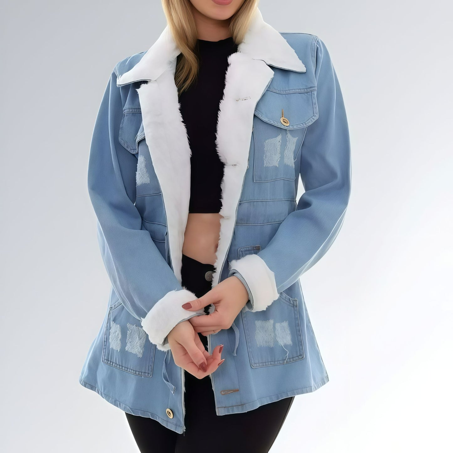 Jaqueta Jeans Parka com Pelúcia Feminina Jz New Moda