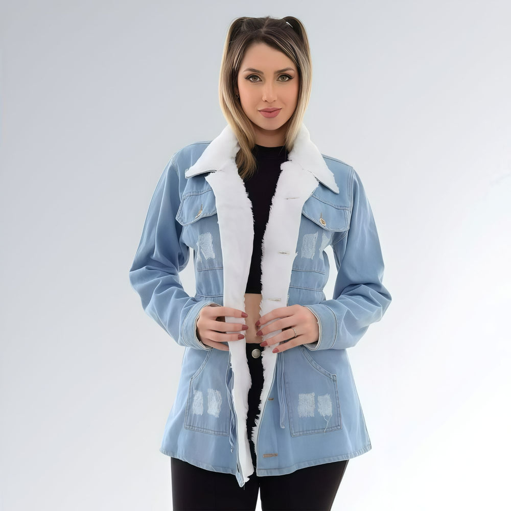 Jaqueta Jeans Parka com Pelúcia Feminina Jz New Moda